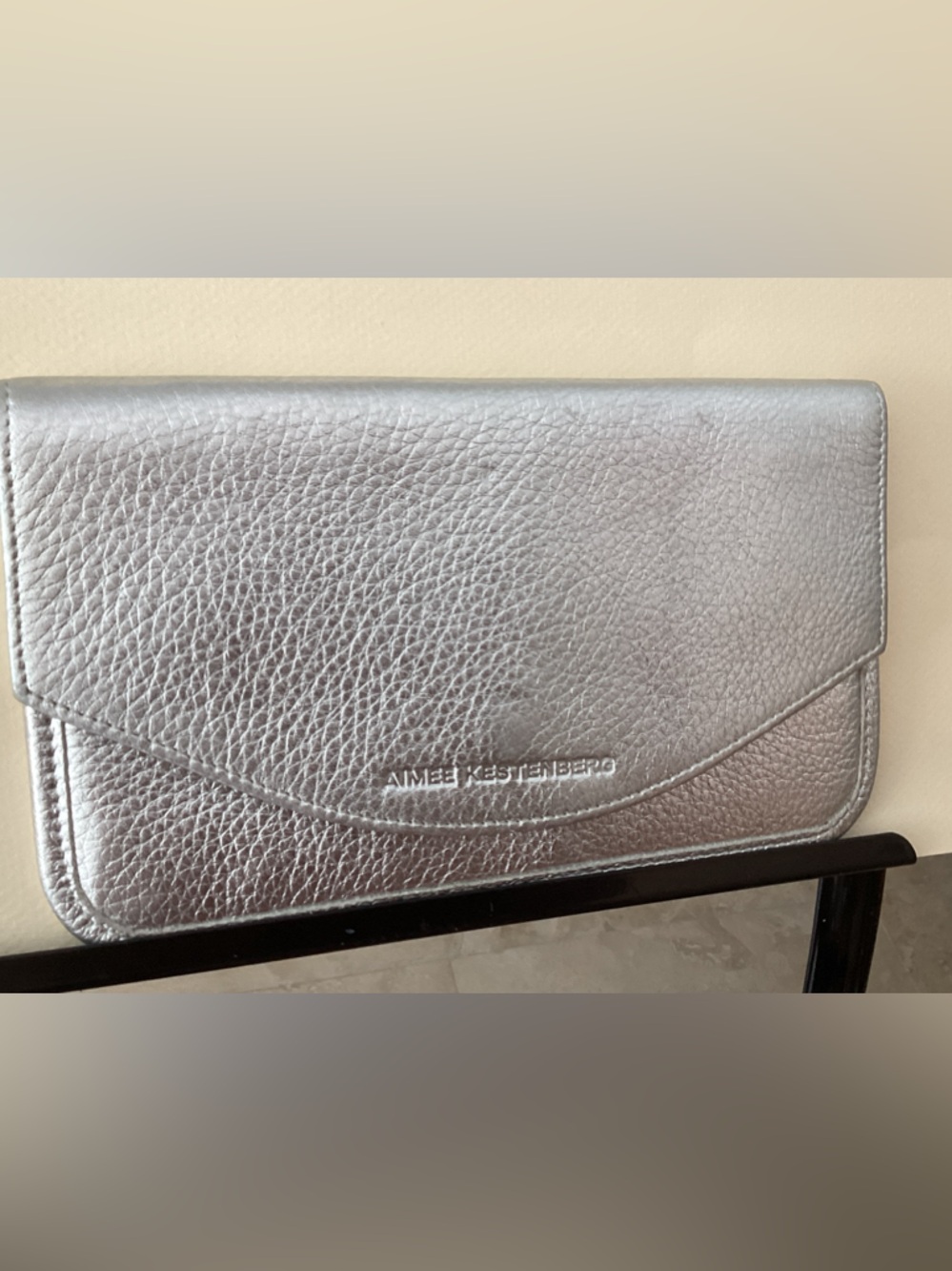 Aimee Kestenberg Metallic Silver Pebbled Leather Card Wallet with Gold Hardware